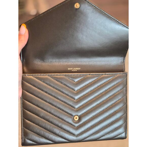 Saint Laurent Dark Olive Monogram Clutch Chevron Quilted Leather | Gold Hardware - Picture 4 of 8